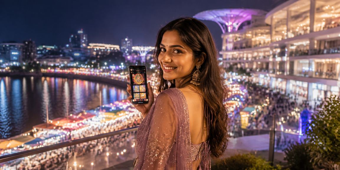 Diwali bonus promotional banner at a night market setting