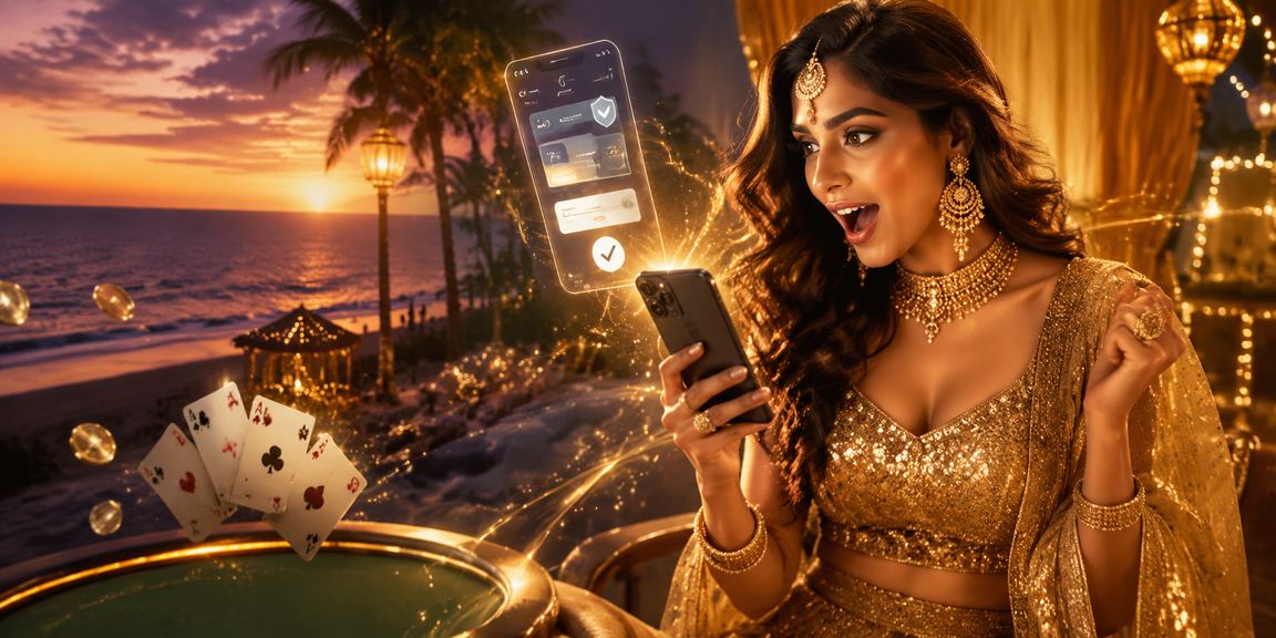 Relaxed Indian woman using casino app at Goa beach