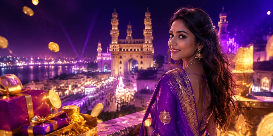 Hyderabad Charminar district with neon casino lights at night