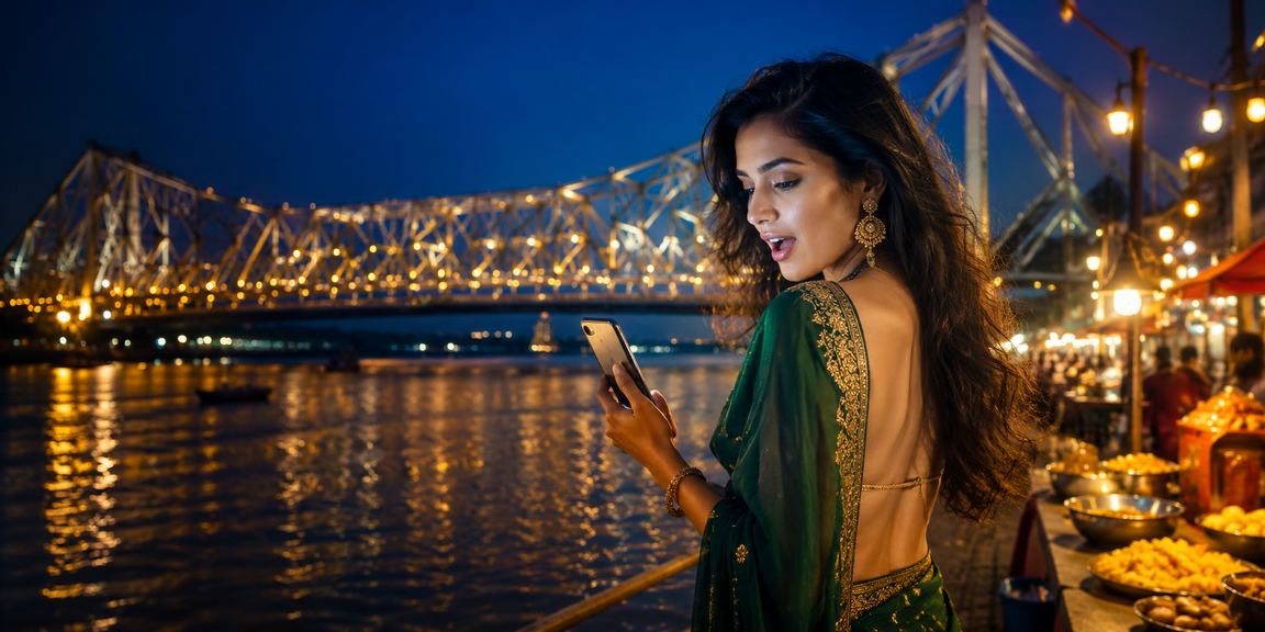 Lady playing mobile casino game in traditional saree in Kolkata
