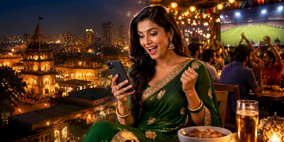 Female player enjoying cricket betting on phone in Pune
