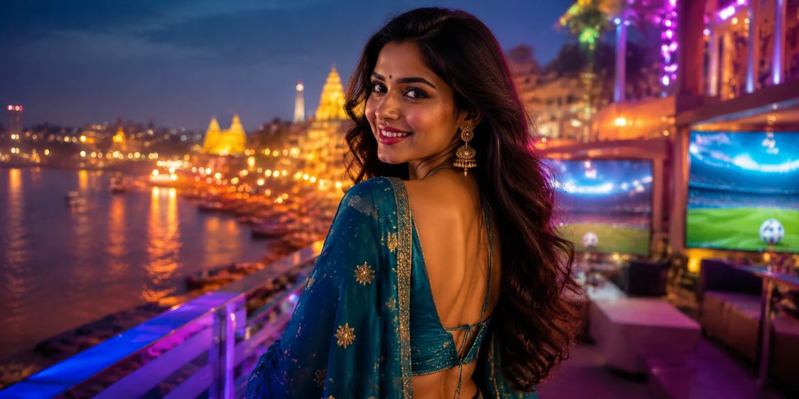 Indian woman playing slots online on mobile device at Varanasi